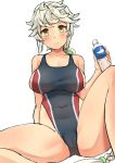  1girl asymmetrical_hair blush bottle breasts brown_eyes highres kantai_collection large_breasts long_hair one-piece_swimsuit silver_hair sitting soil_chopsticks solo swimsuit unryuu_(kantai_collection) very_long_hair water_bottle wavy_hair white_background yellow_eyes 