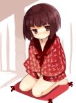  1girl :&lt; bangs barefoot between_legs blunt_bangs brown_eyes brown_hair closed_mouth eyebrows_visible_through_hair hand_between_legs happi head_tilt japanese_clothes jitome kurasuke long_sleeves looking_at_viewer on_pillow original pillow red_pillow red_ribbon ribbon seiza short_hair sitting sketch solo v_arms 