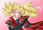  1boy 1girl beat_(dragon_ball) blush closed_eyes dragon_ball dragon_ball_heroes gold_hair green_eyes karoine kiss note_(dragon_ball) ponytail saiyan super_saiyan surprised tail 