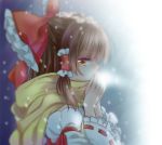  1girl blowing bow breath brown_hair detached_sleeves facing_to_the_side hair_bow hair_tubes hakurei_reimu hands large_bow long_hair looking_at_viewer looking_to_the_side muzuki_uruu red_eyes scarf snowing solo steam touhou warming_hands 
