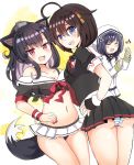  3girls :d ^_^ ahoge animal_ears ass azur_lane black_hair black_panties blue_eyes blush bow braid breasts cleavage closed_eyes commentary_request crossover fake_animal_ears fang fingerless_gloves gloves hair_bow hair_flaps hair_ornament hair_ribbon highres hood hoodie kantai_collection long_hair looking_at_viewer mazeru_(jisjifin) medium_breasts multiple_crossover multiple_girls namesake navel open_mouth panties pantyshot pantyshot_(standing) pleated_skirt remodel_(kantai_collection) ribbon school_uniform serafuku shigure_(azur_lane) shigure_(kantai_collection) shigure_(zhan_jian_shao_nyu) single_braid skirt smile standing striped striped_panties tail underwear wolf_tail zhan_jian_shao_nyu 