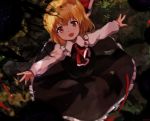  1girl :d ascot bangs black_skirt black_vest blonde_hair blush darkness dyolf fang frilled_skirt frills hair_ribbon long_sleeves looking_at_viewer open_mouth outstretched_arms red_eyes red_ribbon ribbon rumia shirt short_hair skirt skirt_set smile solo spread_arms touhou vest white_shirt 