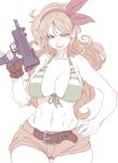  1girl bare_shoulders belt belt_buckle bikini bikini_top blonde_hair bow breasts brown_gloves buckle collarbone cowboy_shot curly_hair dragon_ball fingerless_gloves front-tie_bikini front-tie_top gloves green_eyes gun hair_bow hairband hand_on_hip hand_up highres holding holding_gun holding_weapon large_breasts long_hair looking_at_viewer lunch_(dragon_ball) mac-10 midriff navel red_bow ribbon short_shorts shorts simple_background smile smirk solo submachine_gun swimsuit tasaka_shinnosuke thigh_gap trigger_discipline weapon white_background 