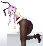  1girl :d animal_ears ass bangs black_footwear bunny_tail bunnysuit eyebrows_visible_through_hair fake_animal_ears fishnet_legwear fishnets hair_ornament hairband high_heels houtengeki long_hair looking_at_viewer looking_back open_mouth pantyhose purple_hair simple_background smile solo tail teeth thighs violet_eyes voiceroid white_background wrist_cuffs yuzuki_yukari 