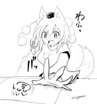  1girl animal_ears bangs breasts calligraphy_brush eyebrows_visible_through_hair fang foreshortening greyscale hat inubashiri_momiji medium_breasts monochrome motion_lines open_mouth paintbrush pom_pom_(clothes) solo sweatdrop tail taurine_8000mg tokin_hat touhou translation_request twitter_username wide_sleeves wolf_ears wolf_tail writing 