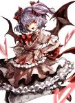  1girl animal_print ascot bat_print bat_wings grey_legwear high_heels highres kozou_(soumuden) lavender_hair layered_skirt long_sleeves looking_at_viewer open_mouth pantyhose petticoat red_eyes red_footwear remilia_scarlet shoes short_twintails simple_background smile solo touhou twintails white_background wings 