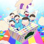  6+boys black_hair chin_rest chin_stroking flower formal hand_on_hip heart heart_in_mouth index_finger_raised kun_shi_ayauku_mo_chikou_yore looking_at_viewer male_focus matsu_symbol matsuno_choromatsu matsuno_ichimatsu matsuno_juushimatsu matsuno_karamatsu matsuno_osomatsu matsuno_todomatsu multiple_boys osomatsu-kun osomatsu-san rainbow sextuplets short_hair show_chiku-by shrug smile suit tissue_box triangle_mouth twitter_username used_tissue 