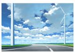  blue_sky clouds cloudy_sky commentary_request day field grass hariken highres horizon lake nature no_humans original outdoors road scenery sky water wind_turbine windmill 