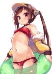  1girl azur_lane bandeau bare_shoulders bikini brown_hair choker cowboy_shot fur_collar hair_ornament innertube jacket long_hair looking_at_viewer mokoke navel ping_hai_(azur_lane) red_bikini simple_background sketch solo standing stomach swimsuit two_side_up very_long_hair visor_cap white_background 