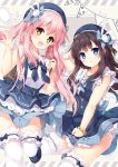  2girls bare_shoulders black_hair blue_eyes blush bow brown_eyes commentary_request hat hat_bow hat_ribbon highres long_hair looking_at_viewer mochizuki_shiina multiple_girls neckerchief open_mouth original pink_hair ribbon skirt suspender_skirt suspenders white_legwear 