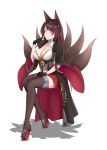  1girl absurdres akagi_(azur_lane) animal_ears azur_lane black_hair blush breasts brown_eyes cleavage commentary_request eyeshadow fox_ears fox_tail full_body hair_tubes highres japanese_clothes large_breasts long_hair looking_at_viewer makeup multiple_tails pleated_skirt sitting skirt smile solo tail thigh-highs zhi_jiyang 