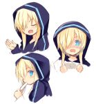  &gt;:d 1girl :d bangs blonde_hair blue_eyes blue_hoodie blush closed_eyes drooling eating eyebrows_visible_through_hair food hair_over_one_eye holding holding_food hood hood_up hoodie kurasuke long_sleeves looking_at_viewer money nose_blush open_mouth original popsicle sidelocks simple_background sketch sleeves_past_wrists smile sparkling_eyes white_background 