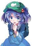  1girl :d arm_behind_back backpack bag blue_dress blue_eyes blue_hair blush dress e.o. eyebrows_visible_through_hair finger_to_chin flat_cap green_hat hair_between_eyes hair_bobbles hair_ornament hat kawashiro_nitori key long_sleeves looking_at_viewer open_mouth raised_eyebrow short_hair simple_background smile solo touhou two_side_up upper_body white_background 