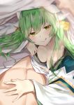  1boy 1girl :q abs bangs blush breasts cleavage collarbone commentary_request eyebrows_visible_through_hair fate/grand_order fate_(series) green_eyes green_hair hair_between_eyes hair_ornament hand_on_another&#039;s_chest highres horns japanese_clothes kimono kiyohime_(fate/grand_order) licking_lips long_hair long_sleeves looking_at_viewer medium_breasts nanakagura pov smile tongue tongue_out under_covers undressing wide_sleeves 