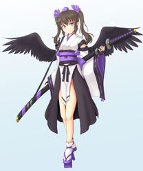  1girl bird_wings black_wings brown_hair closed_mouth detached_sleeves full_body geta gomi_(gomitin) hair_ribbon hat himekaidou_hatate katana kourindou_tengu_costume long_hair long_sleeves looking_at_viewer obi pelvic_curtain pointy_ears ribbon sash solo sword tabi tengu-geta tokin_hat touhou twintails violet_eyes weapon wide_sleeves wings 