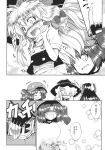  3girls aozora_market belt blush bow comic dress floating_head greyscale hair_bobbles hair_bow hair_ornament hakurei_reimu hat highres kawashiro_nitori kirisame_marisa long_hair monochrome multiple_girls touhou translation_request twintails two_side_up witch_hat 