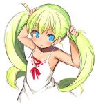  1girl arms_up bangs bare_arms bare_shoulders blue_eyes blush bunching_hair closed_mouth dress eyebrows_visible_through_hair green_hair kurasuke long_hair looking_at_viewer original simple_background sketch sleeveless sleeveless_dress smile solo sundress tareme twintails very_long_hair white_background white_dress 