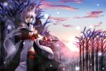  1girl animal_ears bare_shoulders breasts detached_sleeves geta hat highres inubashiri_momiji large_breasts looking_at_viewer nature new_year pom_pom_(clothes) red_eyes ribbon-trimmed_sleeves ribbon_trim shirt short_hair silver_hair sleeveless sleeveless_shirt snow solo sun sunlight sword tail tengu-geta tokin_hat touhou tree weapon white_shirt wide_sleeves wolf_ears wolf_tail 