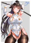  1girl :o arms_up azur_lane bangs black_hair black_legwear blunt_bangs breasts commentary_request contrapposto covered_navel cowboy_shot dated double-breasted elbow_gloves eyebrows_visible_through_hair floating_hair gloves grey_background hair_ribbon high_ponytail highres holding holding_sword holding_weapon jacket kasugano_tobari large_breasts leotard long_hair looking_at_viewer orange_eyes ponytail revision ribbon scabbard sheath sheathed shiny shiny_hair shiny_skin signature simple_background skindentation sleeveless_jacket solo standing sword takao_(azur_lane) taut_clothes thick_thighs thigh-highs thighs very_long_hair weapon white_border white_gloves white_jacket white_leotard white_ribbon 