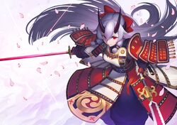  1girl armor armored_dress cherry_blossoms fate/grand_order fate_(series) fingerless_gloves gloves highres japanese_armor katana long_hair naginata nkmr8 oni_horns petals polearm red_eyes sode solo sword tomoe_(symbol) tomoe_gozen_(fate/grand_order) unsheathed very_long_hair weapon white_hair 