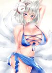  1girl animal_ears arm_behind_back arm_up azur_lane bangs bare_shoulders bikini blue_bikini blue_eyes breasts cleavage cross-laced_clothes fox_ears fox_mask fox_tail front-tie_bikini front-tie_top heavy_breathing highres hips huge_breasts kaga_(azur_lane) mask multiple_tails navel sankakusui sarong shiny shiny_skin short_hair simple_background smile solo steaming_body sweat swimsuit tail thighs waist white_background white_hair 