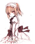  1girl arm_at_side blush bow brown_bow brown_hair closed_mouth dress hairband head_tilt high_ponytail juliet_sleeves kurasuke lolita_fashion lolita_hairband long_hair long_sleeves looking_at_viewer looking_to_the_side original puffy_sleeves red_eyes simple_background sketch solo white_background white_dress 
