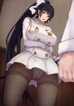  1girl azur_lane black_hair bow breasts brown_eyes commentary_request gloves hair_bow highres large_breasts long_hair looking_at_viewer military military_uniform pantyhose ponytail takao_(azur_lane) uniform very_long_hair white_gloves yuzumiya_mono 