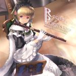  1girl bergenia_(flower_knight_girl) black_hairband blonde_hair brooch cape dress expressionless flower_knight_girl flute frilled_hairband fur_trim gloves hairband holding holding_instrument instrument jewelry looking_at_viewer murano_(ursa_polaris) piano short_hair sitting solo violet_eyes white_gloves 