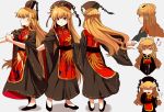  1girl :d alternate_hairstyle chinese_clothes dated dress dress_shoes hair_ornament hair_rings hair_stick hat highres junko_(touhou) long_hair long_sleeves multiple_views neck_ribbon no_headwear open_mouth orange_hair red_eyes ribbon rolling_sleeves_up sameya sash simple_background smile tabard tassel touhou translation_request wide_sleeves 
