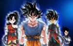  1girl 3boys angry armor aura beat_(dragon_ball) black_hair dougi dragon_ball dragon_ball_heroes dragon_ball_super glowing grey_eyes karoine multiple_boys muscle note_(dragon_ball) ponytail saiyan serious son_gokuu standing tail torn_clothes ultra_instinct vegeta 