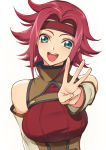  1girl :d aqua_eyes bare_shoulders breasts code_geass creayus detached_sleeves headband high_collar kallen_stadtfeld large_breasts looking_at_viewer open_mouth redhead short_hair smile solo w white_background 