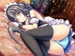  1girl apron ass bangs bare_shoulders black_hair black_legwear blue_panties blush breasts commentary_request gloves hair_tubes highres liya long_hair looking_at_viewer lying maid maid_headdress medium_breasts on_bed on_side orange_eyes original panties parted_lips short_ponytail solo thigh-highs underwear very_long_hair waist_apron white_gloves wrist_cuffs 