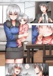  1boy 1girl ahoge androgynous baby bangs black_hair black_skirt blue_shirt blush casual chair comic commentary_request couch cowboy_shot faceless faceless_male fate/grand_order fate_(series) formal fujimaru_ritsuka_(male) fur_trim ginhaha if_they_mated indoors jeanne_alter long_sleeves looking_at_viewer mother_and_son multiple_boys open_mouth ruler_(fate/apocrypha) shirt short_hair silent_comic silver_hair skirt spoken_object sweat table thumb thumb_sucking trembling wooden_floor yellow_eyes 