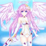  1girl absurdres bare_shoulders blue_eyes blue_sky breasts cleavage clouds cosplay elbow_gloves feathers flower four_goddesses_online:_cyber_dimension_neptune gloves hair_flower hair_ornament halo highres holding holding_sword holding_weapon jewelry long_hair looking_at_viewer medium_breasts neptune_(series) power_symbol purple_hair purple_heart purple_heart_(cosplay) purple_sister sky smile solo sword symbol-shaped_pupils thigh-highs very_long_hair weapon white_gloves white_legwear wings 