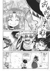  3girls aozora_market apron ascot bow comic detached_sleeves dress floating_head greyscale hair_bobbles hair_bow hair_ornament hair_tubes hakurei_reimu hat highres kawashiro_nitori kirisame_marisa long_hair monochrome multiple_girls touhou translation_request twintails two_side_up waist_apron witch_hat 