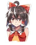  1girl ahoge ascot bangs bare_shoulders blush bow brown_eyes brown_hair closed_mouth e.o. frilled_shirt_collar frills hair_between_eyes hair_bow hair_tubes hakurei_reimu looking_at_viewer raised_eyebrows red_bow red_vest ribbon-trimmed_collar ribbon_trim short_hair sidelocks simple_background sleeveless smile solo touhou upper_body vest white_background yellow_neckwear 