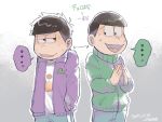  2boys artist_name awkward black_hair brothers cowboy_shot dated episode_title gradient gradient_background hands_in_pockets hands_together highres jacket jikuno looking_at_another male_focus matsuno_choromatsu matsuno_ichimatsu messy_hair multiple_boys open_clothes open_jacket osomatsu-kun osomatsu-san siblings simple_background sweat track_jacket 