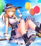  1girl adjusting_clothes adjusting_hat ankle_boots arm_at_side balloon bare_arms bare_shoulders black_bow black_hat black_skirt blonde_hair bloomers blue_sky blush boots bow braid breasts broom broom_surfing buckle closed_mouth clouds day double-breasted du_mogu frills gloves hair_bow hat high-waist_skirt index_finger_raised kirisame_marisa legs_up light_particles long_hair looking_at_viewer medium_breasts no_socks outdoors sitting skirt sky sleeveless smile solo star touhou underwear upskirt white_gloves witch_hat yellow_eyes 