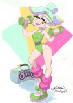  1girl 2017 absurdres artist_name breasts colo_(nagrolaz) dated domino_mask dumbbell earrings fangs full_body green_leotard hairband highres hotaru_(splatoon) jewelry leotard looking_at_viewer mask mole mole_under_eye open_mouth pointy_ears radio shoes simple_background smile sneakers solo splatoon sweatdrop symbol-shaped_pupils teeth tied_hair training white_background white_hair yellow_eyes 