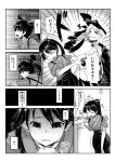  &gt;_&lt; 2girls anchor_symbol azur_lane bangs bird closed_eyes collared_shirt comic eagle enterprise_(azur_lane) eyebrows_visible_through_hair fleeing floral_print greyscale hair_between_eyes hair_ribbon hakama hat highres houshou_(kantai_collection) imagawa_akira japanese_clothes kantai_collection kimono long_hair military_hat monochrome multiple_girls necktie pale_face peaked_cap pleated_skirt ponytail pushing_away ribbon shirt skirt sweatdrop swept_bangs tasuki translation_request trembling 