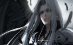  1boy artist_name blurry blurry_background close-up closed_mouth clouds cloudy_sky depth_of_field feathers final_fantasy final_fantasy_vii grey_hair grey_sky high_collar highres long_hair looking_away looking_down male_focus patreon_username pink_lips sephiroth sky solo wlop 