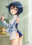  1girl apron artist_name ass bangs black_hair blue_swimsuit blurry blurry_background brave_witches cowboy_shot depth_of_field from_behind full_body haruhata_mutsuki holding kitchen ladle long_sleeves looking_at_viewer looking_back one-piece_swimsuit open_mouth pot school_swimsuit shimohara_sadako short_hair signature solo standing swimsuit twitter_username violet_eyes world_witches_series 