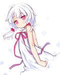  1girl :o bangs bare_arms bare_shoulders blush diamond_hair_ornament dress dutch_angle eyebrows_visible_through_hair from_side hair_ornament jitome kurasuke long_hair looking_at_viewer looking_to_the_side low_twintails original parted_lips red_eyes red_ribbon ribbon simple_background sketch sleeveless sleeveless_dress solo twintails white_background white_dress white_hair 