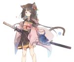  1girl animal_ears bandage bandaged_arm bangs black_kimono blunt_bangs blush brown_hair cat_ears cat_tail child closed_mouth commentary eyebrows_visible_through_hair feet_out_of_frame flower hair_flower hair_ornament japanese_clothes katana kimono legs_apart long_hair long_sleeves looking_at_viewer mask mask_removed mitu_yang obi oni_mask original sash sheath sheathed simple_background solo standing sword tail violet_eyes weapon white_background wide_sleeves 
