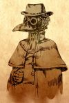  1girl braid capelet coat facing_viewer gloves hair_bun hat highres mask monochrome neck_ribbon original plague_doctor plague_doctor_mask ribbon sepia sepia_background solo standing zicai_tang 