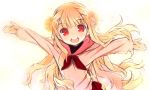  1girl :d ascot bangs blonde_hair eyebrows_visible_through_hair flower hair_flower hair_ornament head_tilt kurasuke long_hair long_sleeves looking_at_viewer open_mouth original outstretched_arms pink_shirt red_eyes red_neckwear shirt simple_background sketch smile solo spread_arms upper_body upper_teeth very_long_hair white_background 