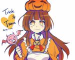  1girl amelia_(trick_and_treat) apron artist_request bangs blunt_bangs bow bowtie brown_eyes brown_hair candy food halloween lollipop long_hair maid maid_apron pumpkin_hat smile solo trick_and_treat_(game) 