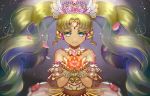  1girl bare_shoulders blonde_hair blurry depth_of_field dress eyebrows_visible_through_hair falulu flower gem grey_background grey_eyes hair_ornament holding holding_flower isaroishin light_particles long_hair looking_at_viewer pripara smile solo standing tiara twintails very_long_hair wing_hair_ornament 