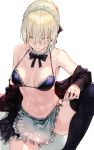  1girl apron artoria_pendragon_(all) artoria_pendragon_(swimsuit_rider_alter)_(fate) bikini black_bikini black_legwear blonde_hair breasts closed_mouth commentary fate/grand_order fate_(series) hair_between_eyes highres long_sleeves maid_bikini maid_headdress medium_breasts navel off_shoulder ryono_mizuki saber_alter short_hair simple_background sitting smile spread_legs swimsuit thigh-highs waist_apron white_background yellow_eyes 