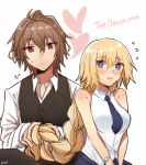  1boy 1girl ahoge blonde_hair blue_eyes blush book brown_hair couple dress fate/apocrypha fate/grand_order fate_(series) long_hair red_eyes rrin_reena ruler_(fate/apocrypha) sieg_(fate/apocrypha) simple_background source_request white_background 